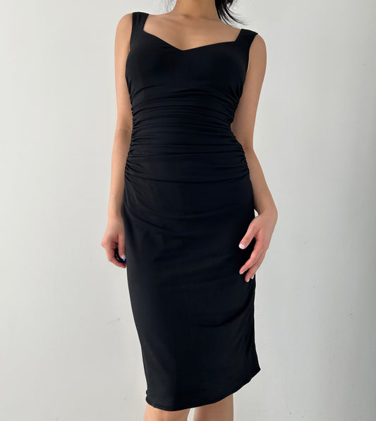 Black Ruched Midi Dress - Small