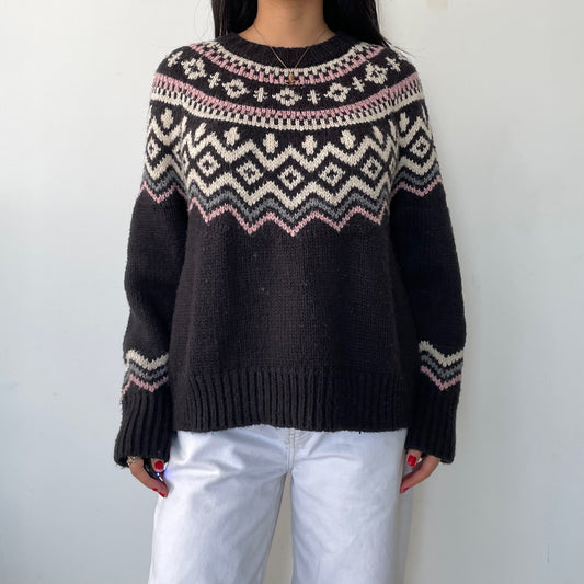 Lucky Brand Charcoal and Pink Fair Isle Long Sleeve Knit Jumper - Small