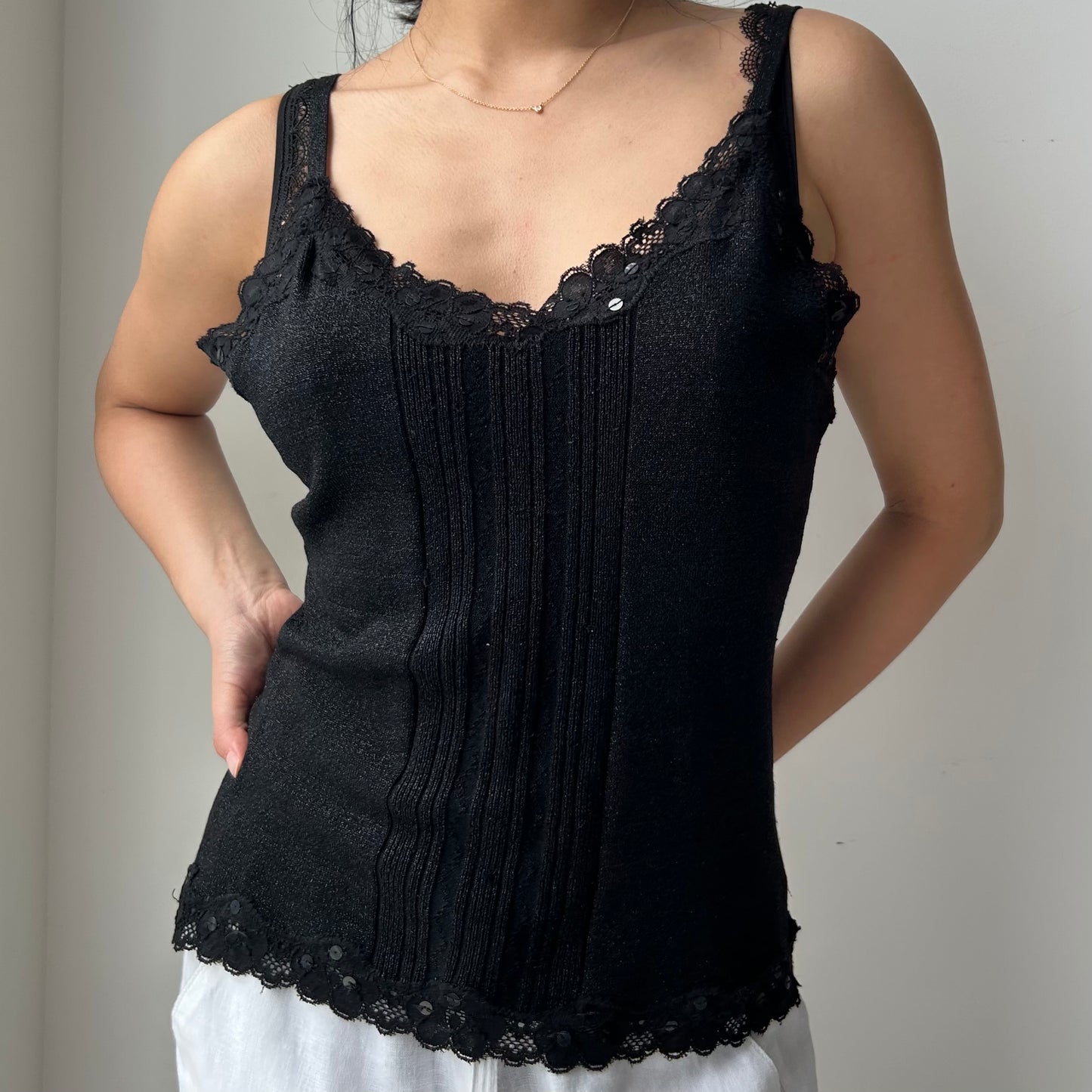 Bebe Black Metallic Knit Cami Top - Large