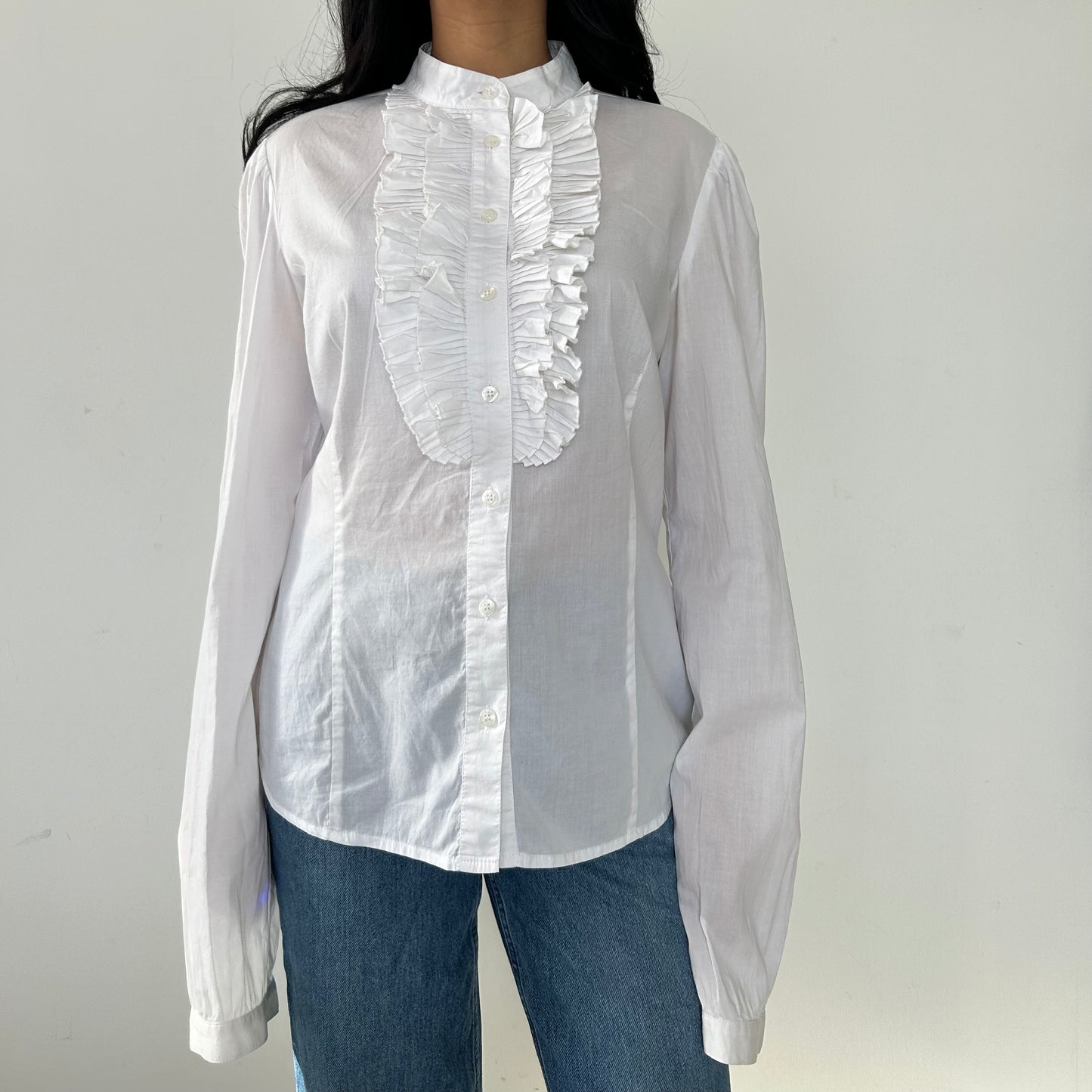 LIU JO White Ruffle Cotton Blouse - Large