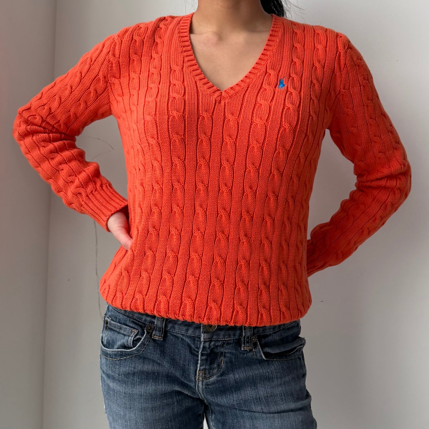 1990s Ralph Lauren Sport Orange V-Neck Cable Knit Jumper - Large