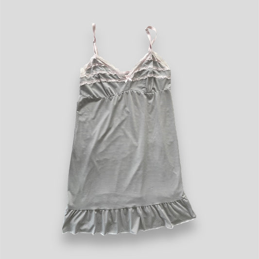 Laura Ashley Grey and White Striped Pink Lace Trim Mini Night Dress - X-Large