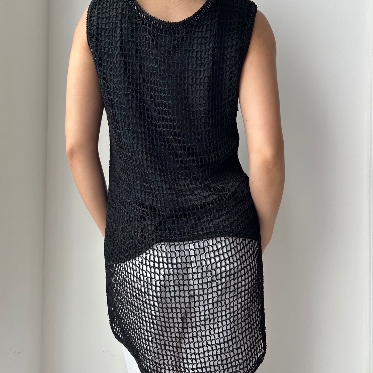 Vintage Black Floral Fishnet Tunic Tank - Large