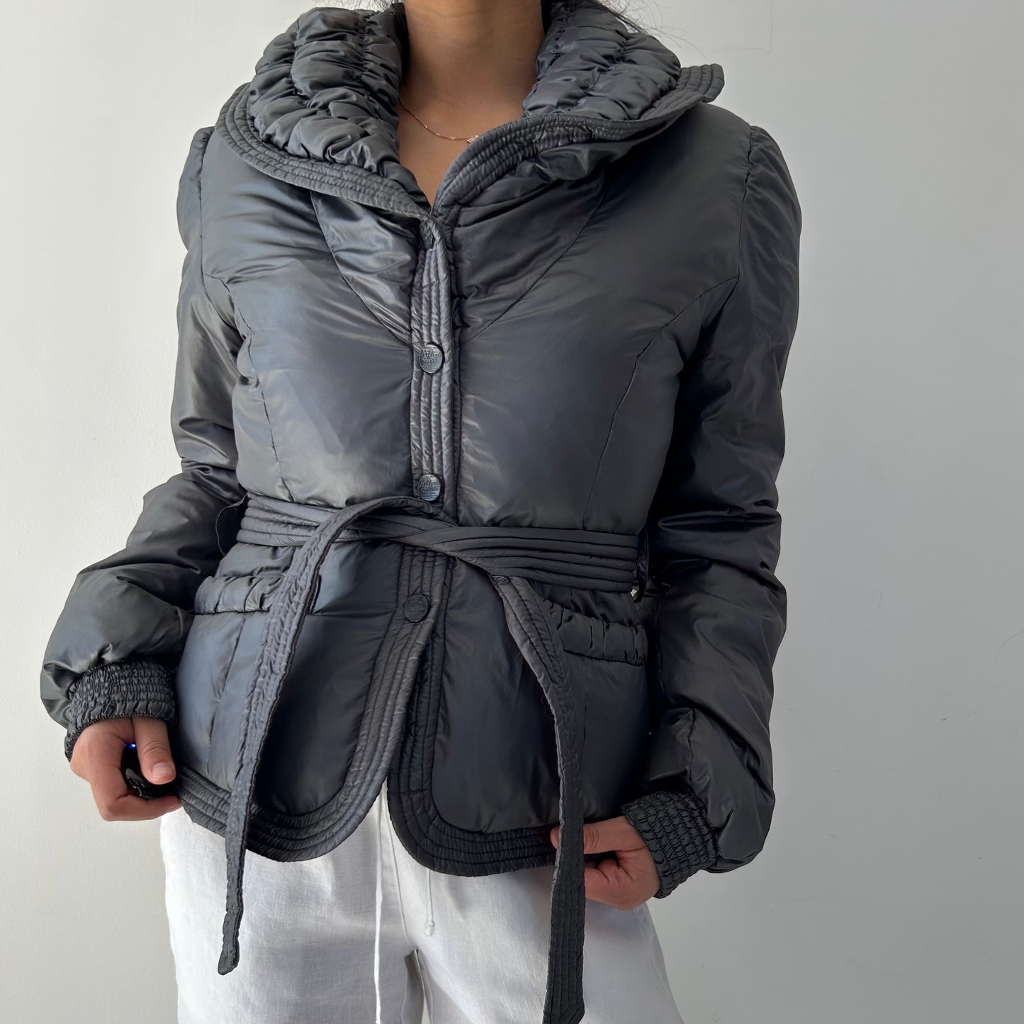 Killah by Miss Sixty Grey Metallic Belted Down Filled Puffer Jacket - Small