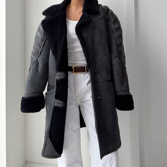 1990s HiSO Charcoal Panelled Genuine Sheepskin Coat - Large