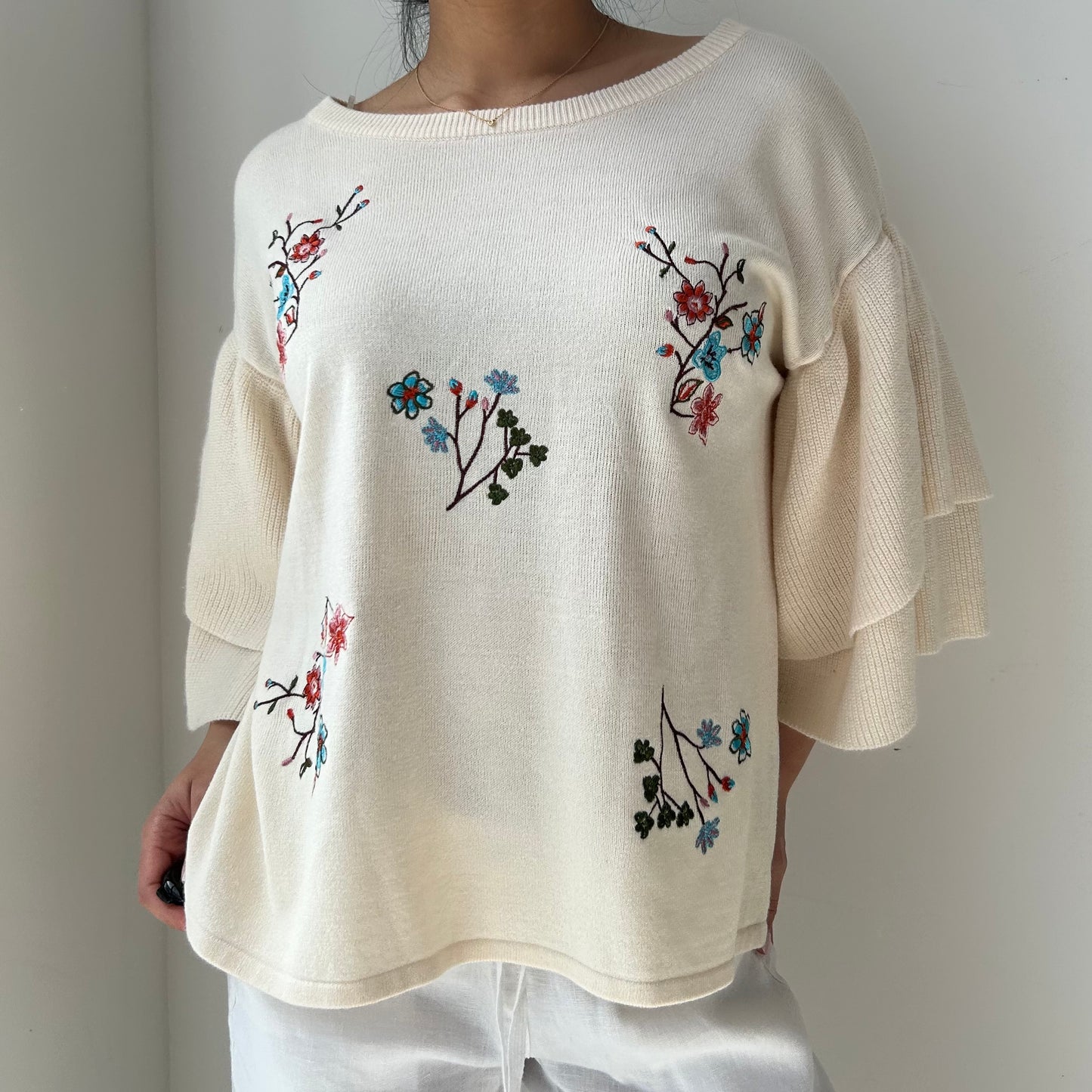 White Embroidered Floral Sweater - Medium