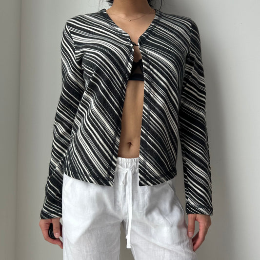Made in France Black and White Striped Single-Button Cardigan - Medium