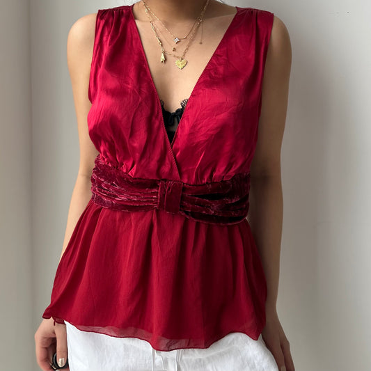 Studio M Red Sleeveless V-Neck Silk Blouse with Velvet Bow - Medium