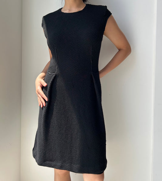 St. John Black Wool and Silk Textured Knit Dress - Small