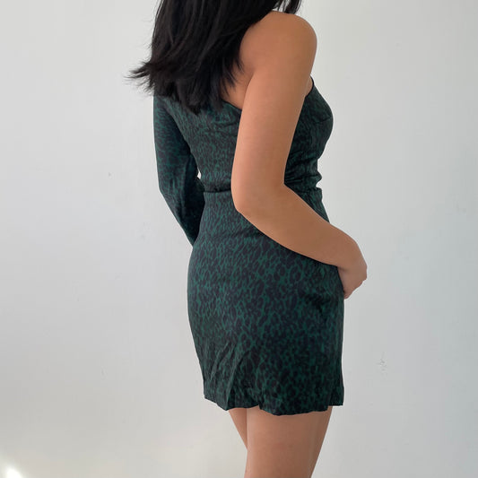 Bec + Bridge Green Leopard Print One Shoulder Silk Mini Dress - Small