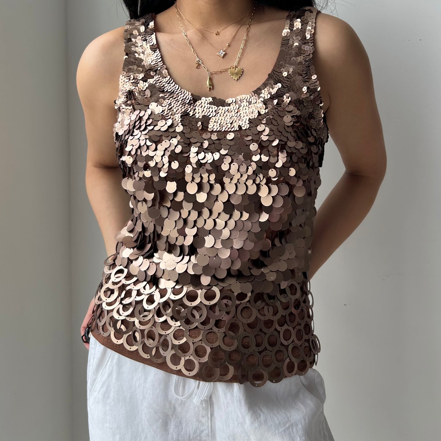 Brown Sequin Mesh Tank - Medium
