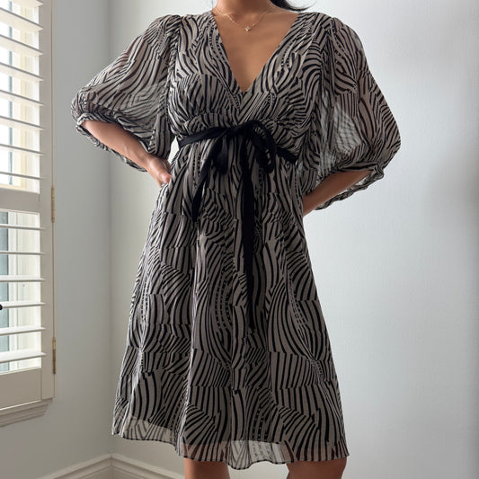 Ted Baker Zebra Print Long Sleeve Tie Waist Silk Dress - Medium