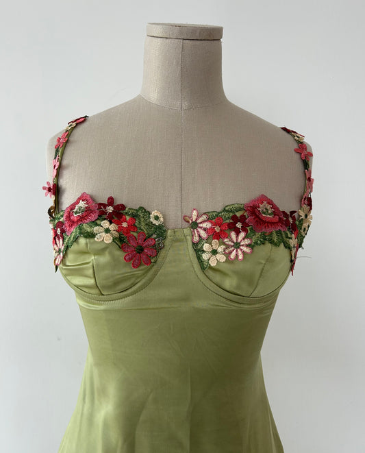 Princess Polly Green Mini Dress with Floral Embroidery - X-Small