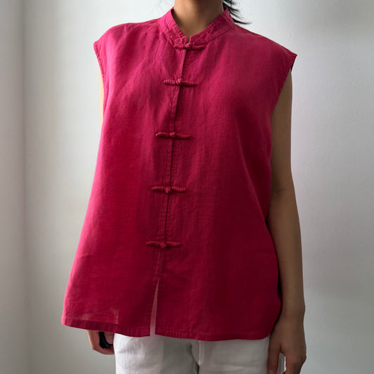 Spring Breeze Italian Hot Pink Mandarin Collar Linen Top - XX-Large