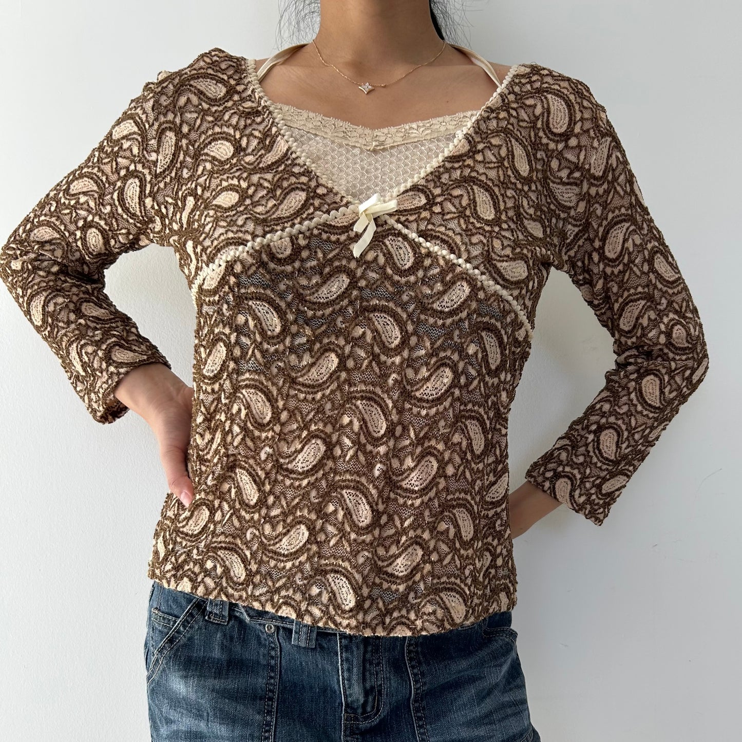 Brown Paisley Lace Overlay Long Sleeve Top - Medium