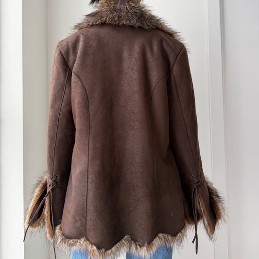 Novelti for Laura Petites Brown Faux Fur Trim Afghan Jacket - Medium
