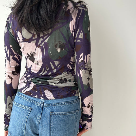 Max Mara Studio Purple Floral Print Long Sleeve Top - Medium