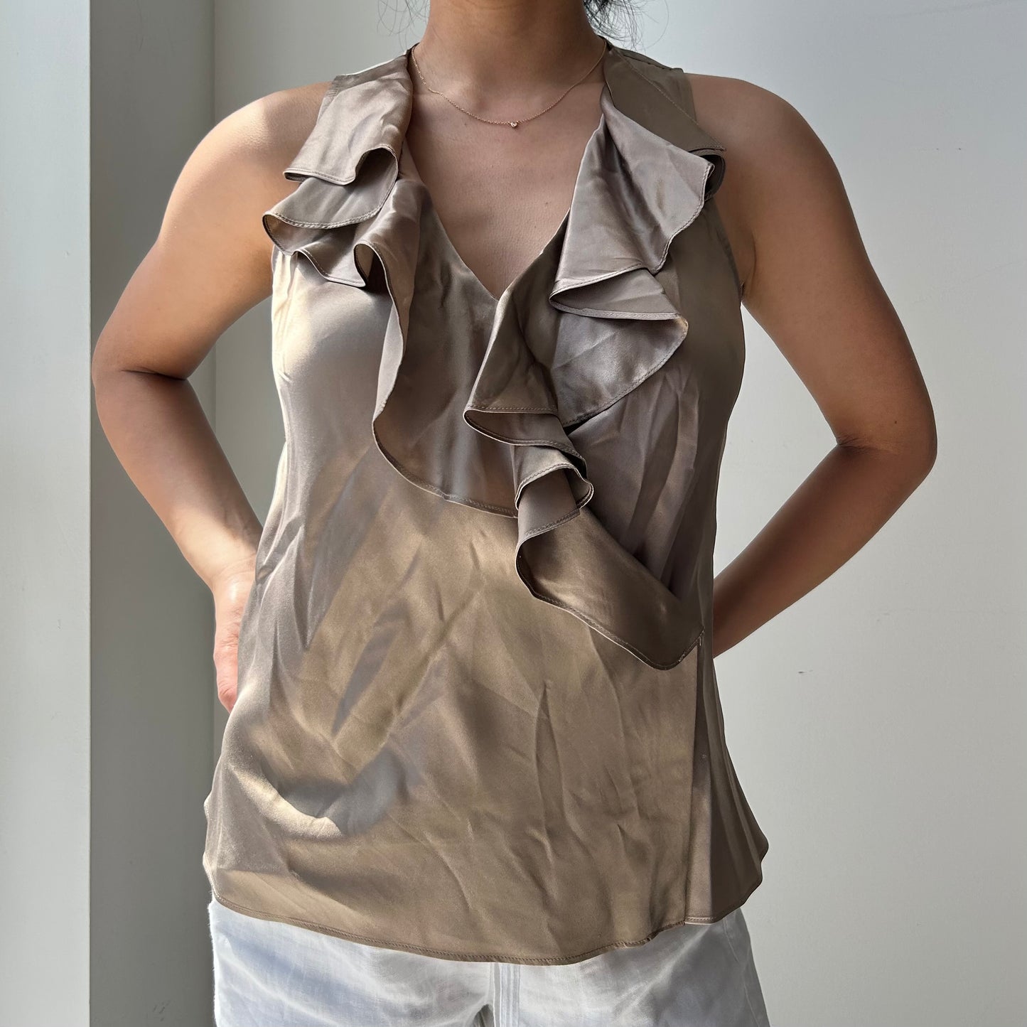 Lauren Ralph Lauren Brown Metallic Ruffle Silk Tank - Small