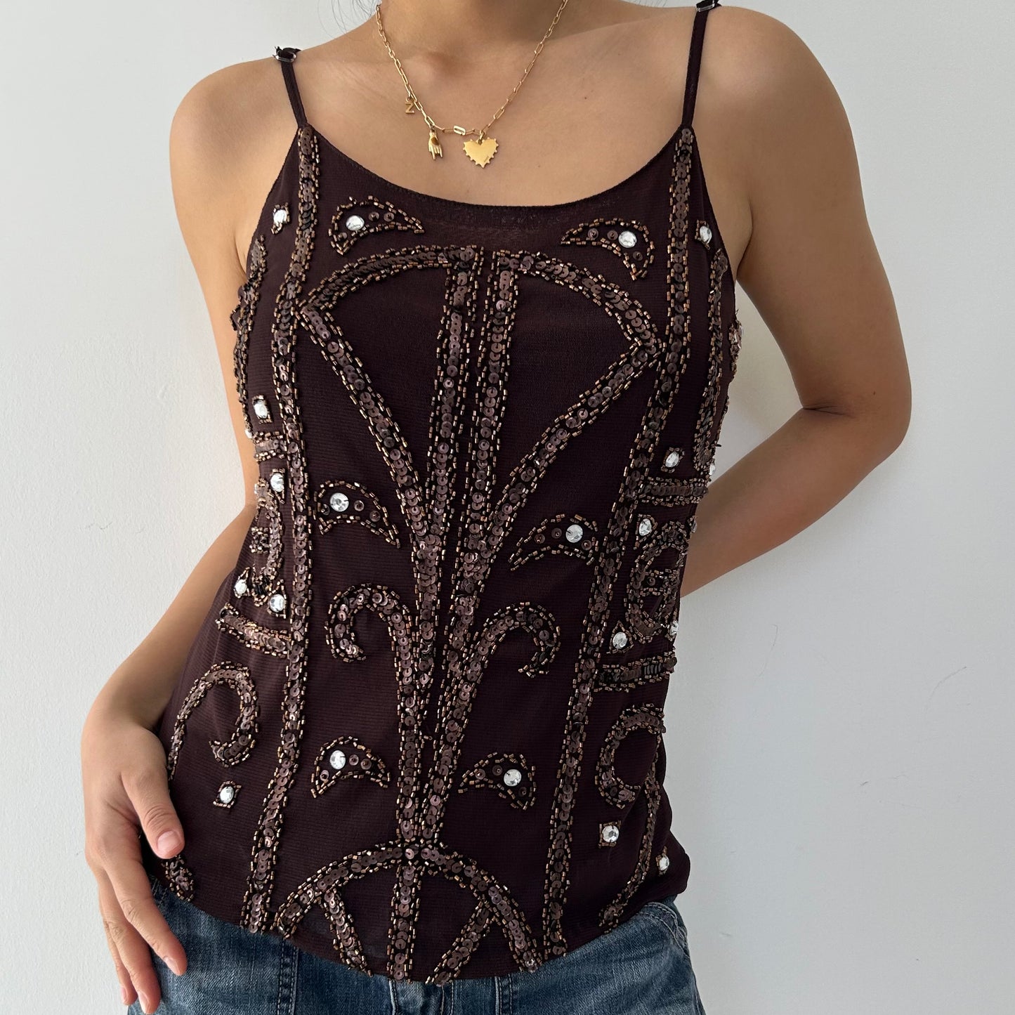 Brown Beaded Mesh Tank - Large