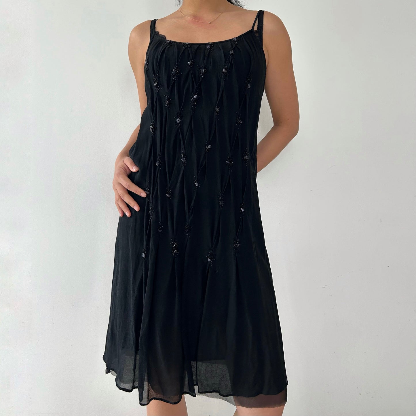 Vintage 90s Max Studio Black Beaded Mesh Mini Dress - Medium