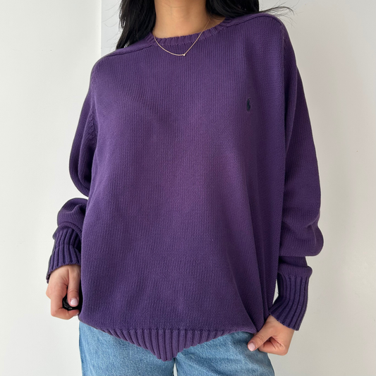 Vintage 1980s Polo Ralph Lauren Purple Crewneck Knit Jumper - Large