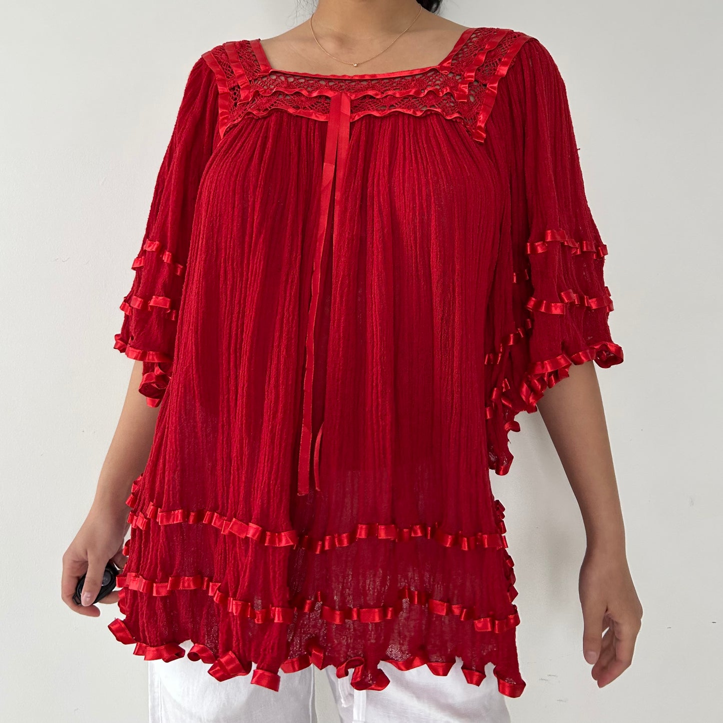 Red Ruffle Babydoll Blouse - X-Large