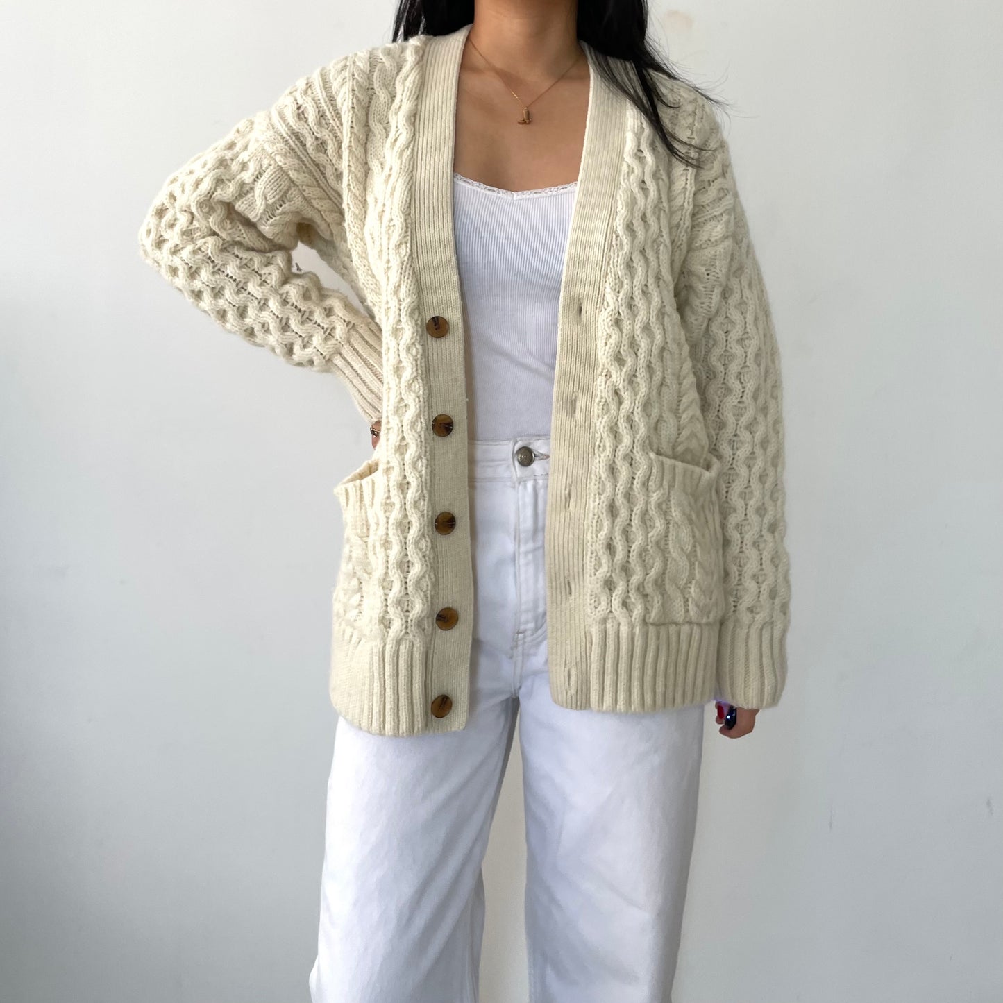 Brandy Melville Cream Aran Wool Knit Chunky Cardigan - X-Small/Small/Medium