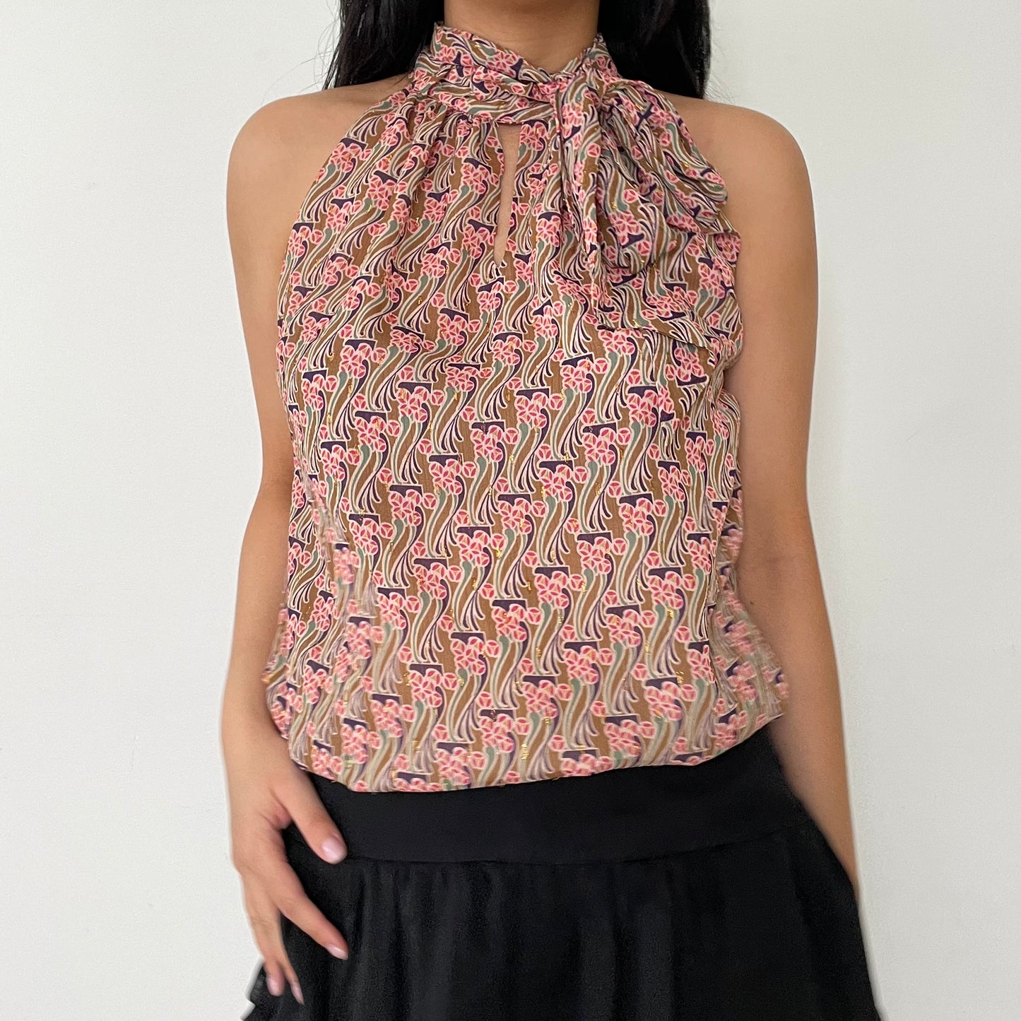 Iris Mittenaere for Morgan de Toi Pink and Gold Halter Neck Blouse - Medium