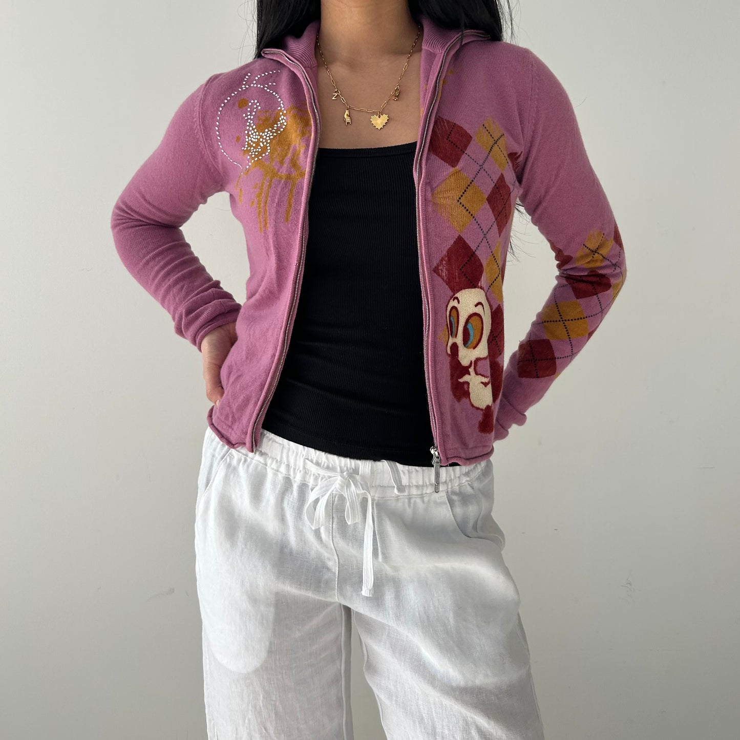 Raw 7 Looney Tunes Tweety Pink Double Zip Cashmere Knit Cardigan - X-Small