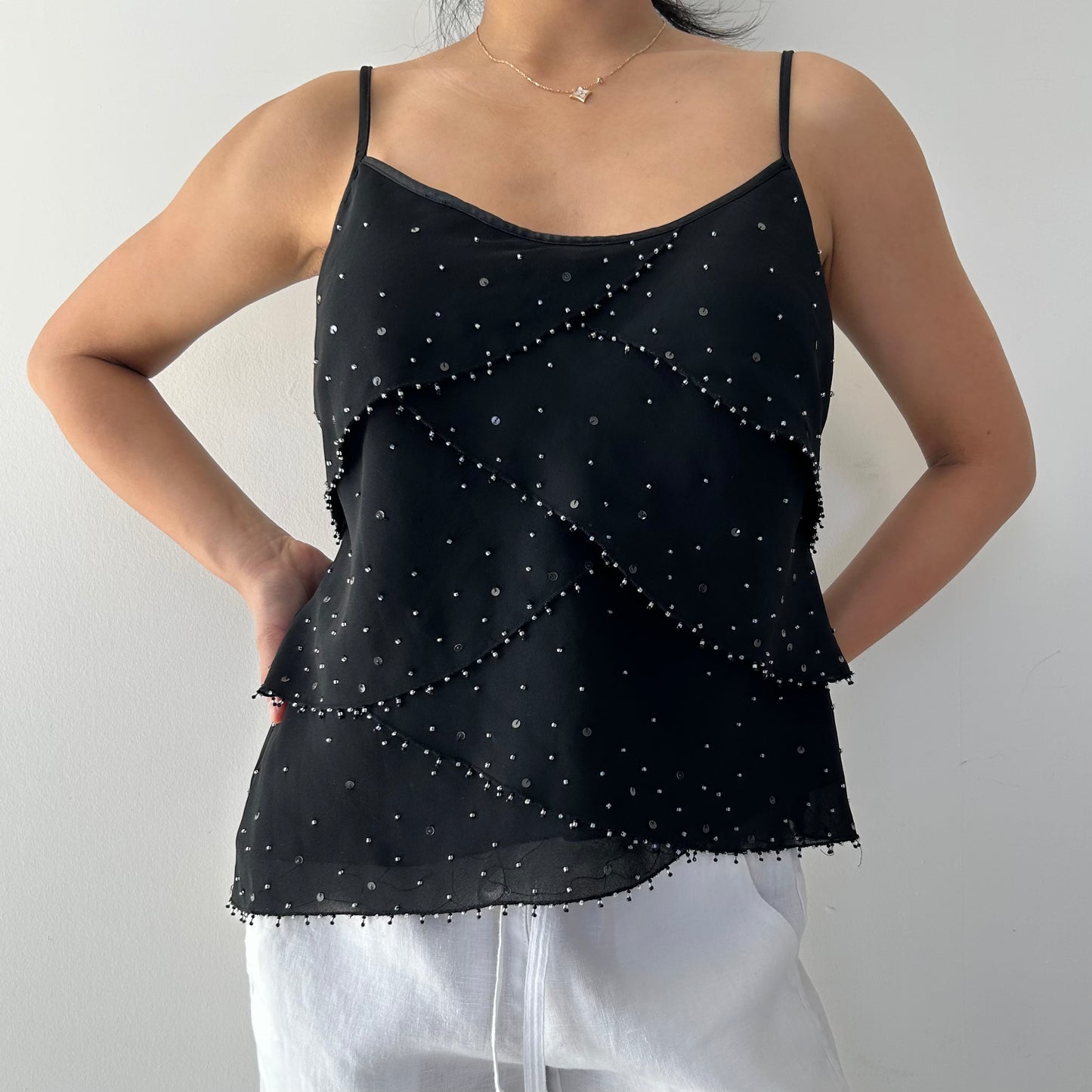 Windsmoor Black Ruffle Beaded Tank - Large