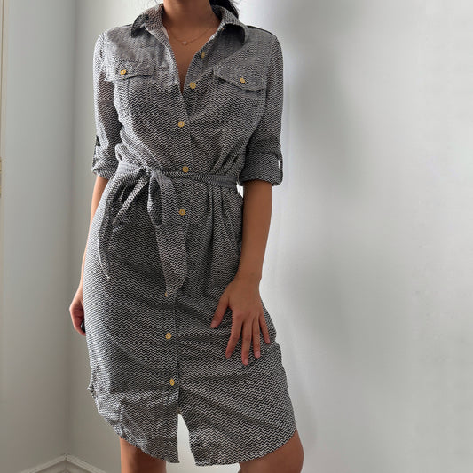 Tory Burch Black and White Chevron Belted Shirt Dress - Small