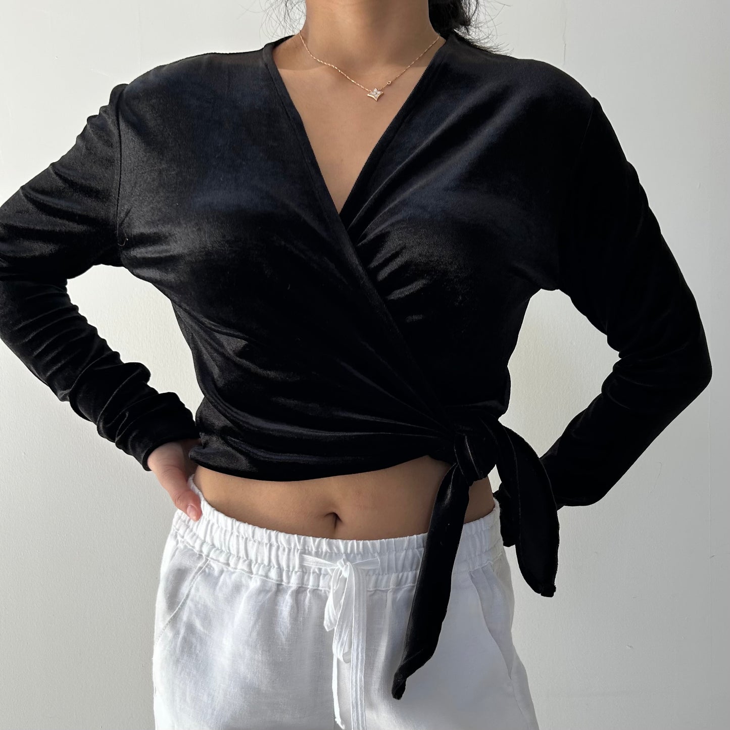 Sisley Black Velvet Long Sleeve Wrap Top - Small