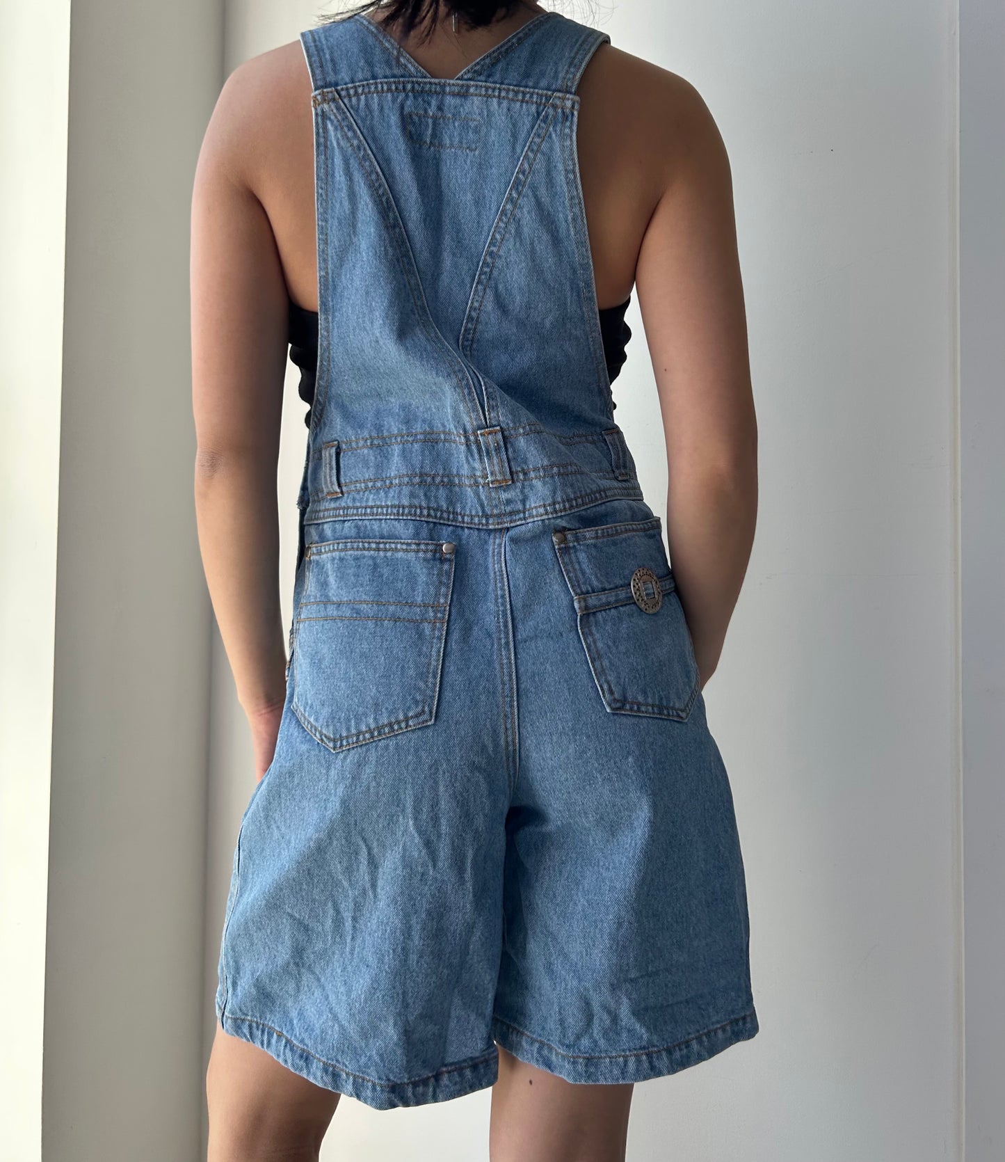 Concho Button Denim Short Overalls - Small