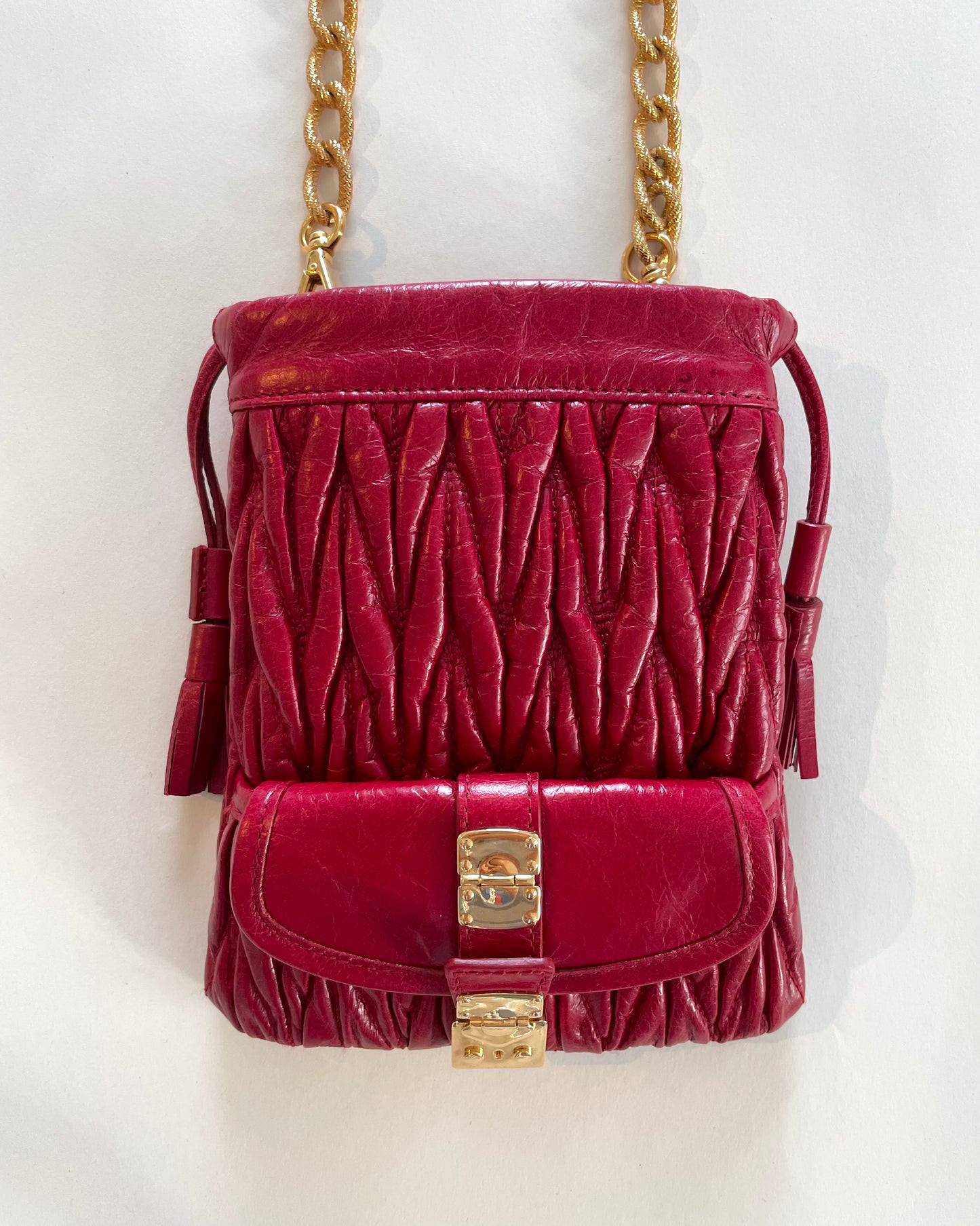2003 Miu Miu Cherry Red Matelassé Leather Chain-link Crossbody Bag