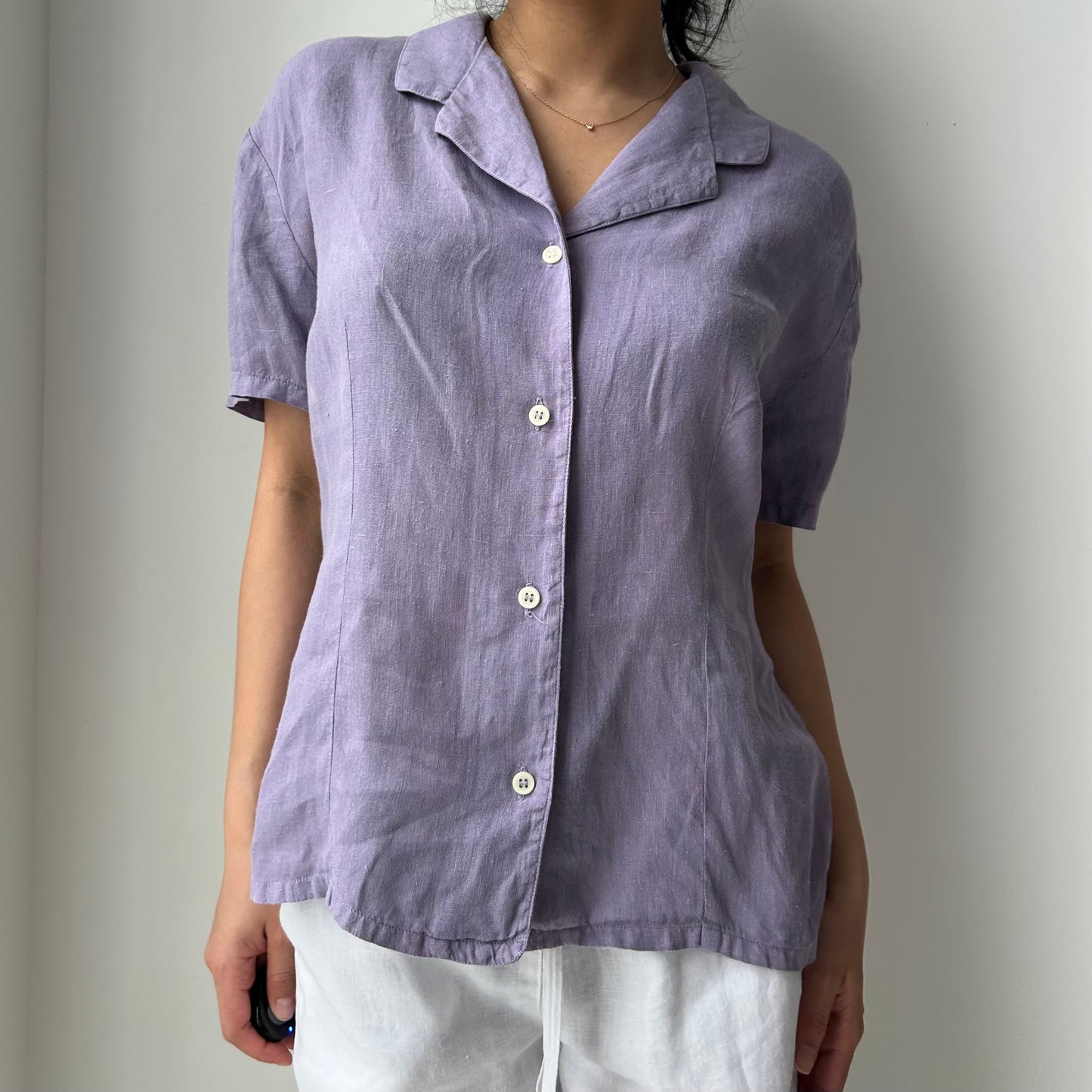120% Lino Purple Short Sleeve Button Up Shirt - Large