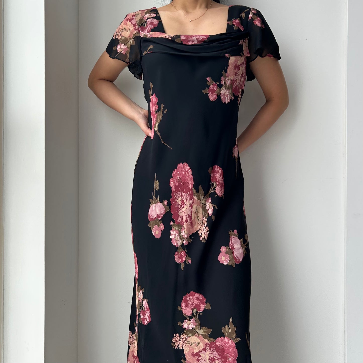 Vintage 90s Made in USA Talbots Black Floral Midi Dress - Medium