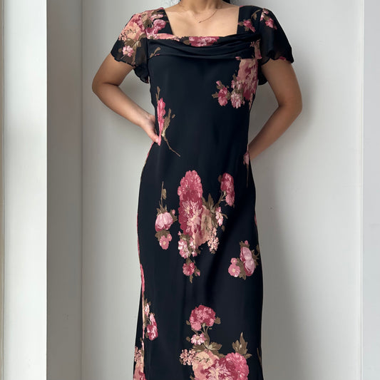 Vintage 90s Made in USA Talbots Black Floral Midi Dress - Medium