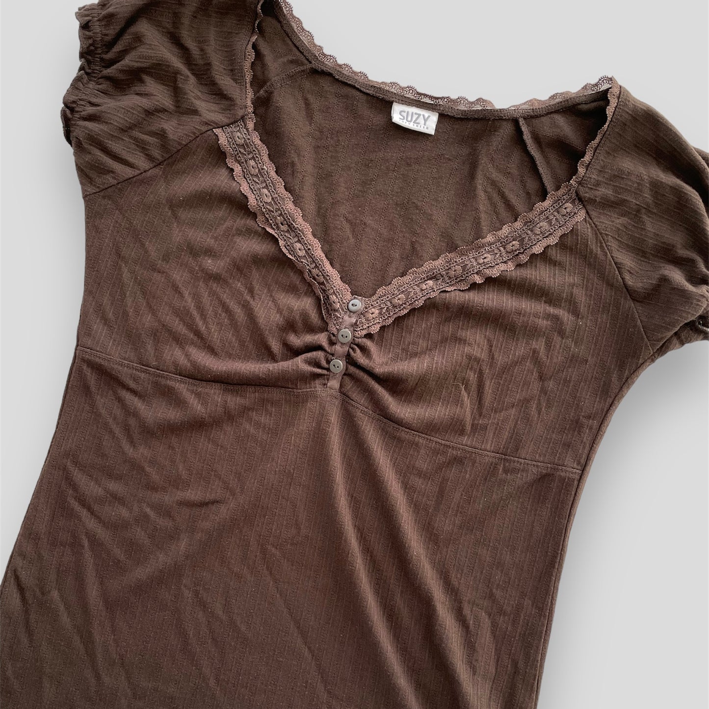 Suzy Shier Brown Pointelle V-Neck Milkmaid Top - Large
