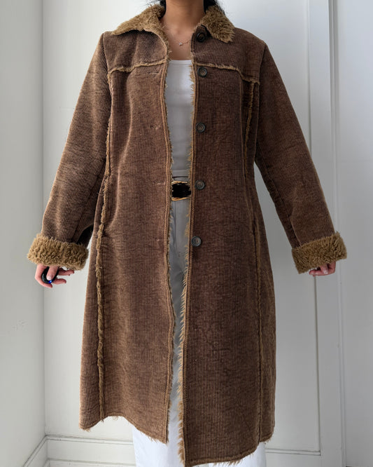 Quickreflex Brown Corduroy Faux Fur Trim Coat - Medium