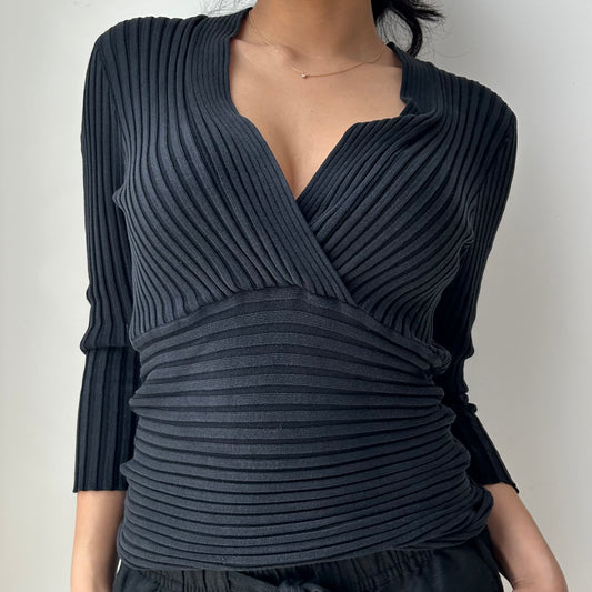 Vintage Black Ribbed Silk Blend 3/4 Sleeve Top - Medium