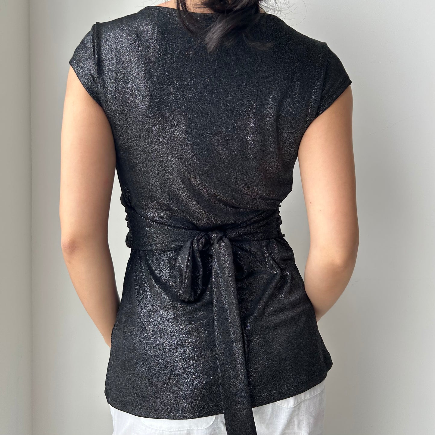 Vintage 90s Made in Canada Black Metallic V-Neck Top - Medium