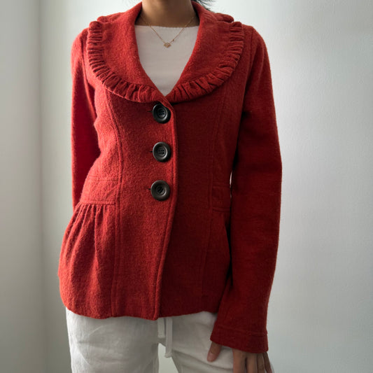 Rust Red Ruffle Collar Wool Jacket - Small