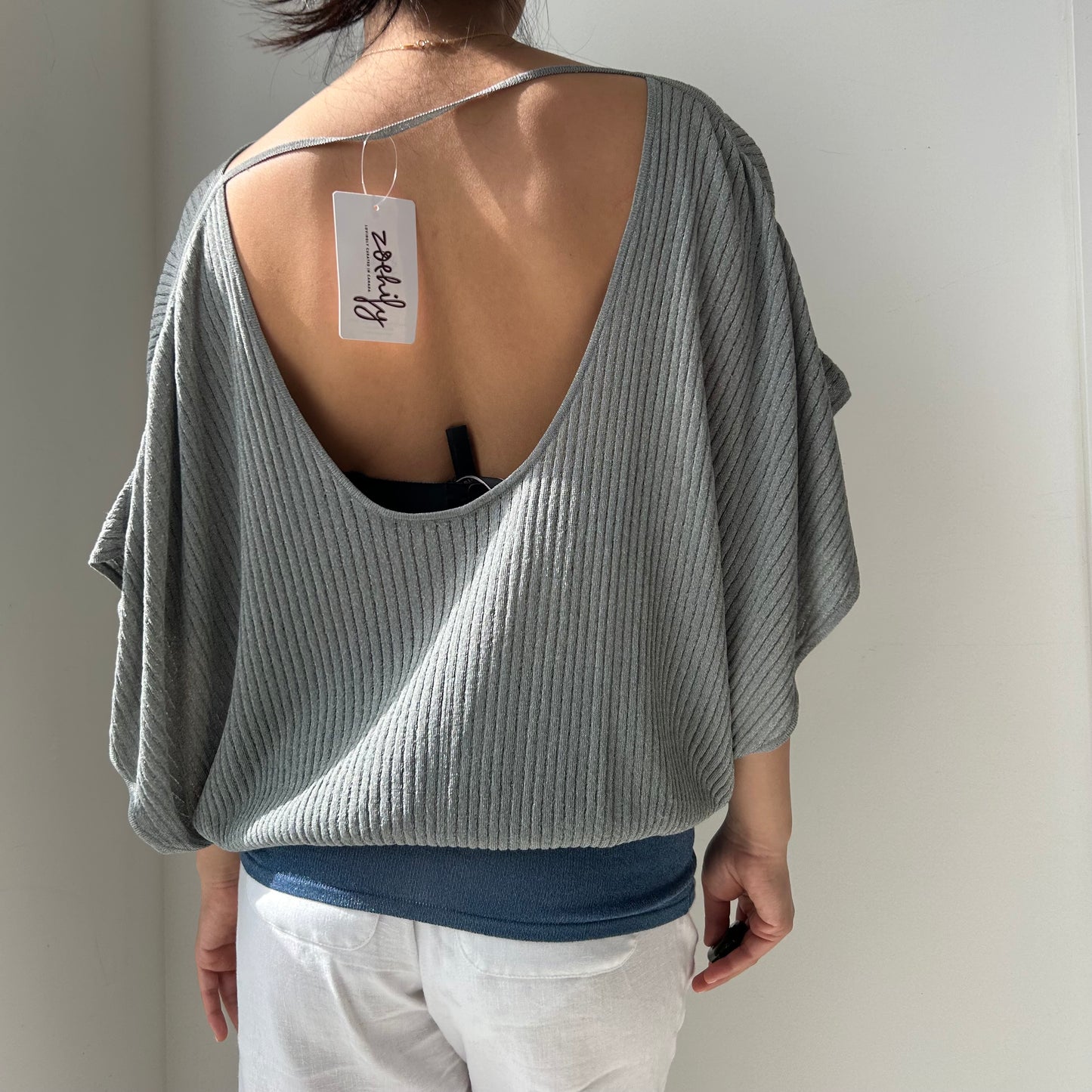 Metallic Rib Knit Open Back Top - Small
