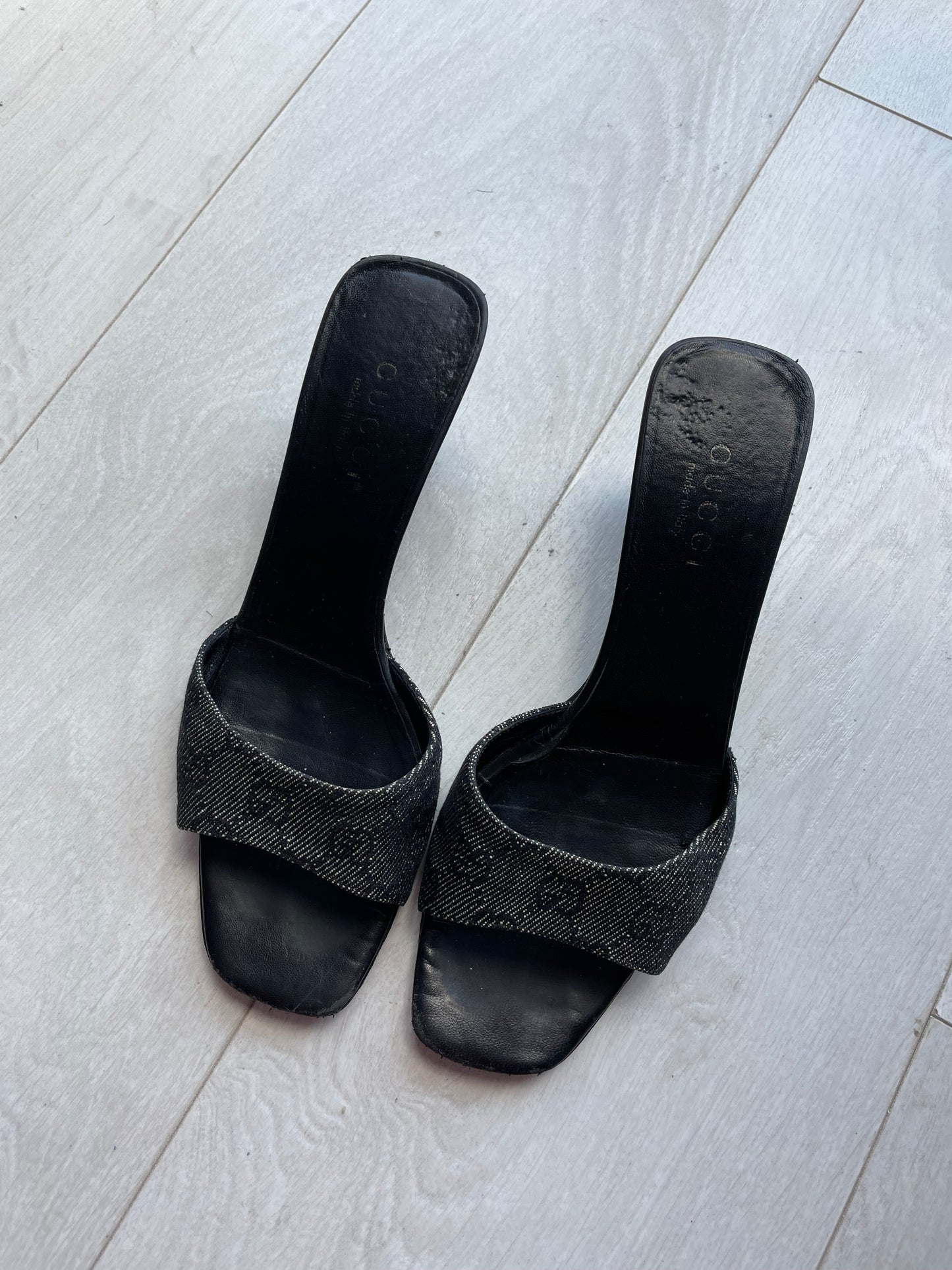 2000s Gucci by Tom Ford Black GG Canvas Kitten Heeled Mules - US 8B