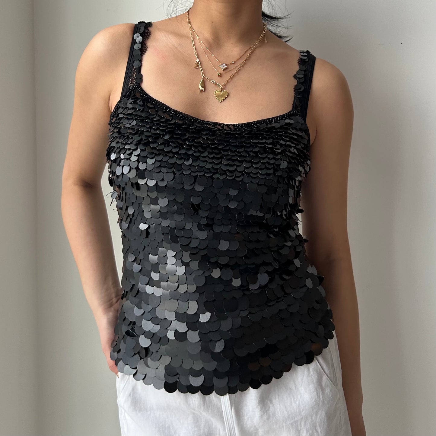 Black Sequin Mesh Cami Top - Small