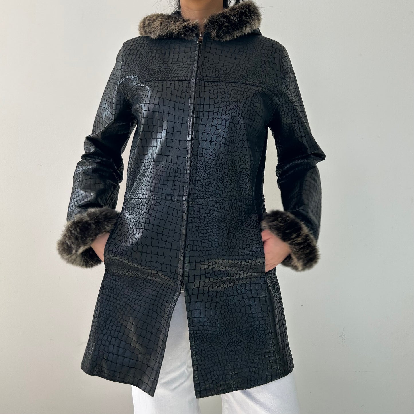 Black Embossed Leather Coat with Rabbit Fur Trim - Medium