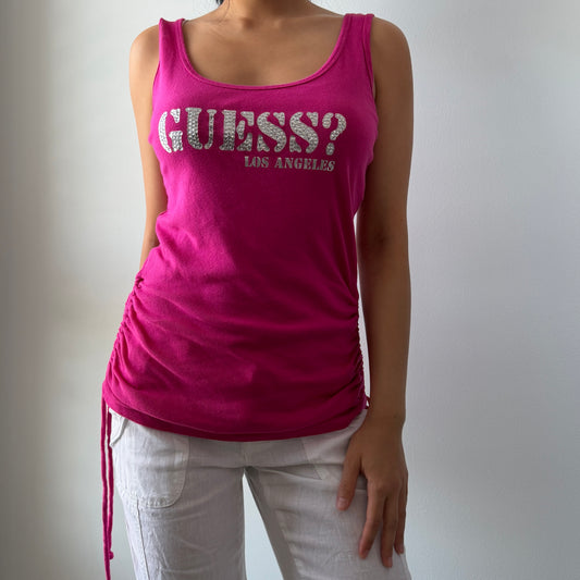 Guess Hot Pink Ruched Logo Tank - Large