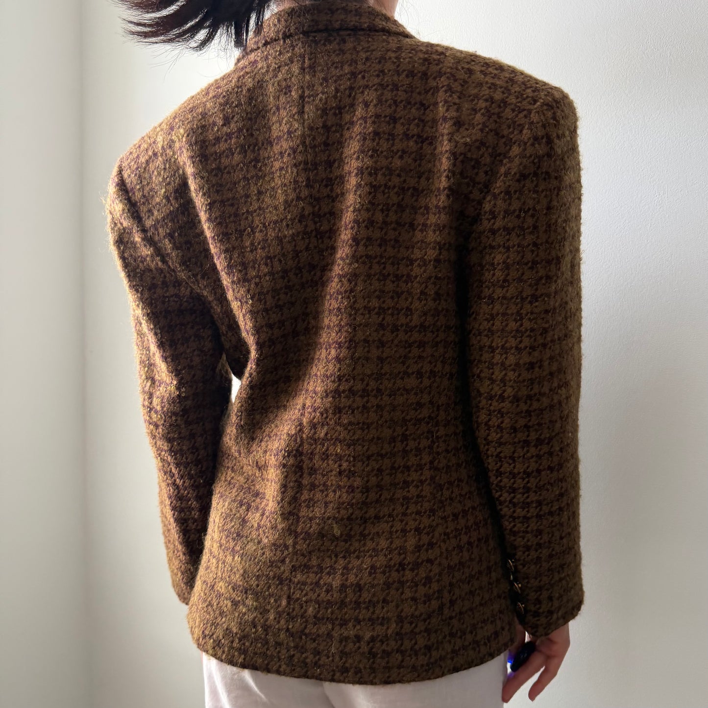 1990s Made in Canada Brown Houndstooth Wool and Mohair Blazer - Medium