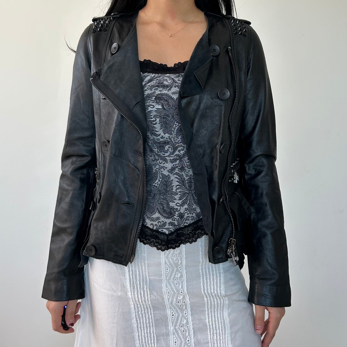 AIM Black Ruffled Leather Moto Jacket - X-Small