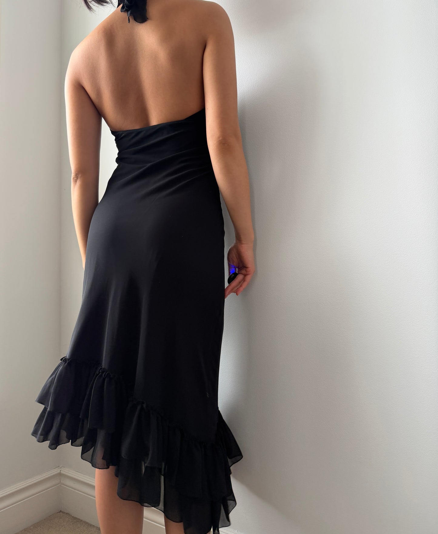 Old Label Mango Black Halter Midi Dress with Ruffled Hem - XX-Small